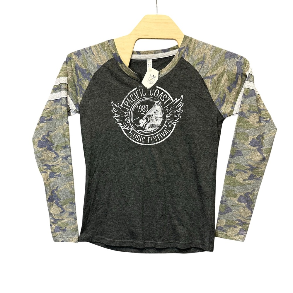 LAT Apparel Womens Pacific Coast Music Festival 1989 Camo Raglan Tee Grey M NWT